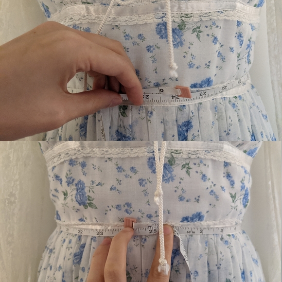 Gunne Sax White Sheer Pillow Sleeve Corset Lace Up Blue Floral Prairie Dress - Picture 14 of 16
